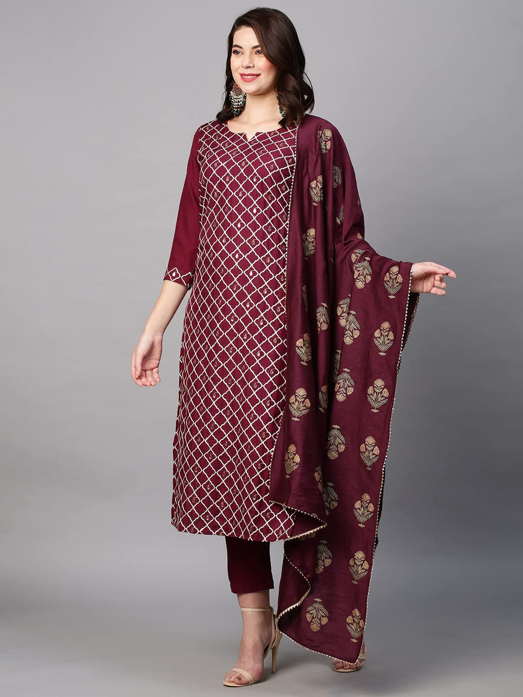 ANNI DESIGNER Womens Cotton Blend Embroidered Straight Kurta with Pant & Dupatta (MYSURU-Wine_XL_Wine_X-Large)
