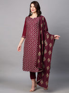 ANNI DESIGNER Womens Cotton Blend Embroidered Straight Kurta with Pant & Dupatta (MYSURU-Wine_XL_Wine_X-Large)