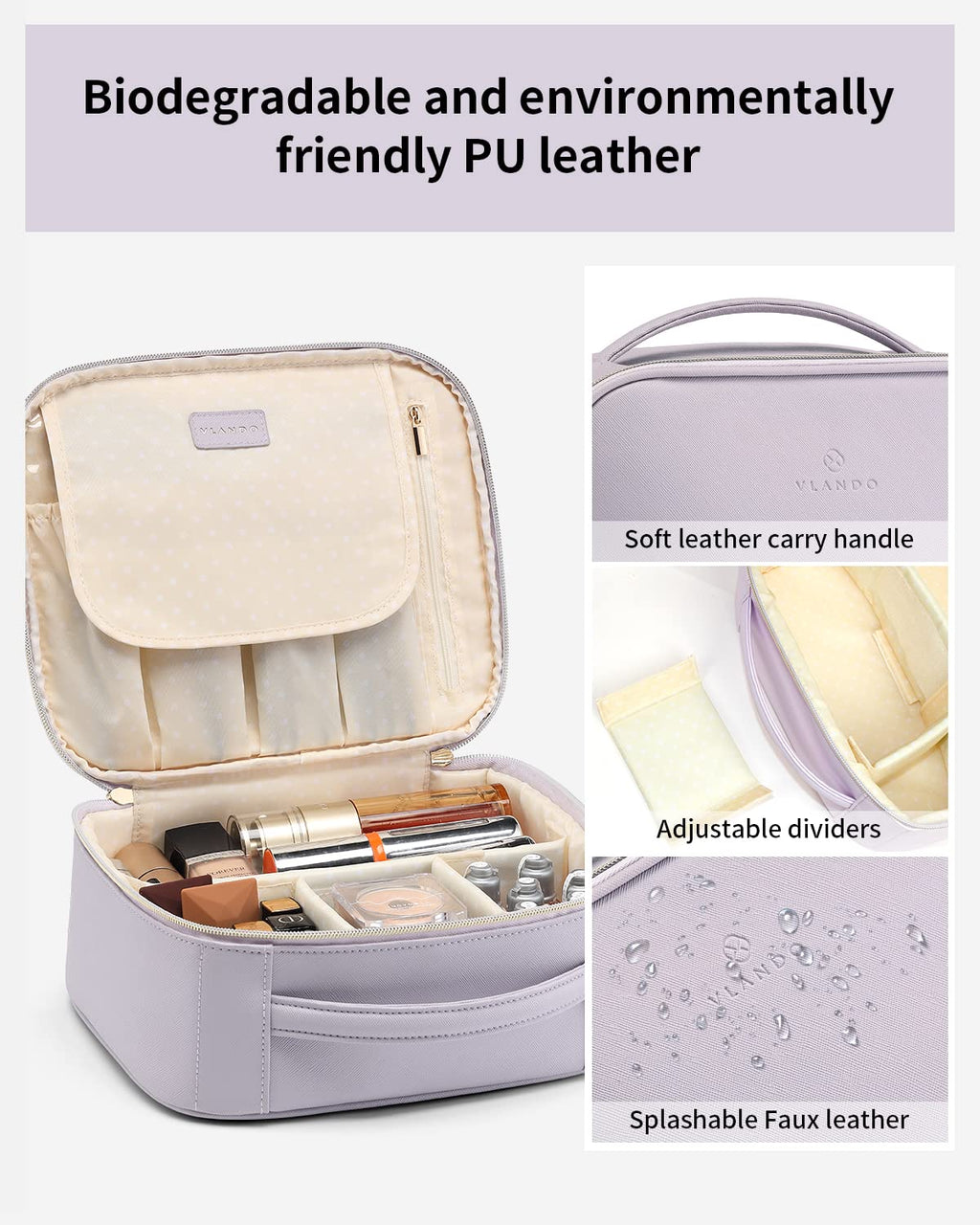 Vlando Makeup Bag Travel Cosmetics Bag Faux Leather Make up Bag Portable Artist Storage Bag with Adjustable Dividers for Cosmeti