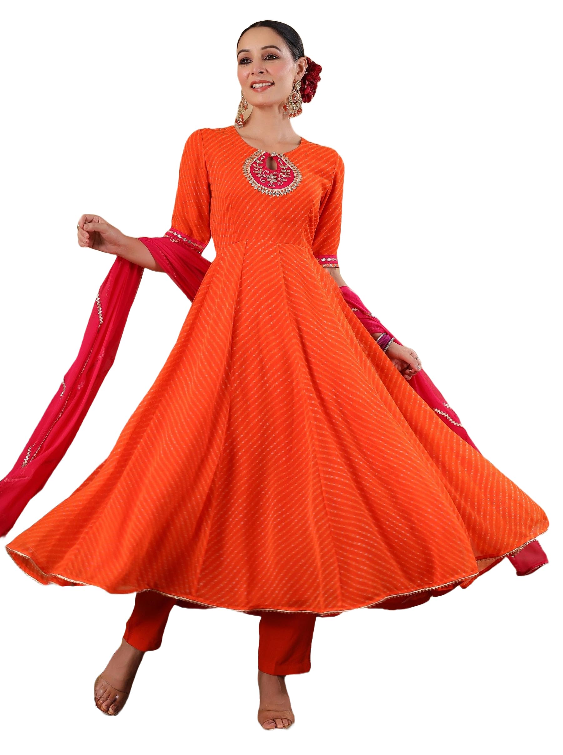 ANNI DESIGNER Womens Rayon Viscose Anarkali Leheriya Embroidered Kurta with Pant & Dupatta (USTAAD Orange_XL_Orange_X-Large)
