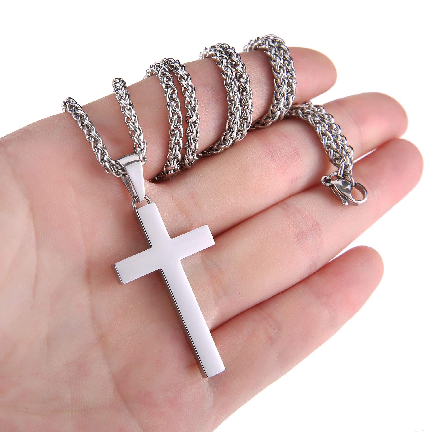 P. BLAKE Silver Cross Necklace for Men, Stainless Steel Cross Pendant Chain Christian Religious Jewelry Valentine Christmas Gift