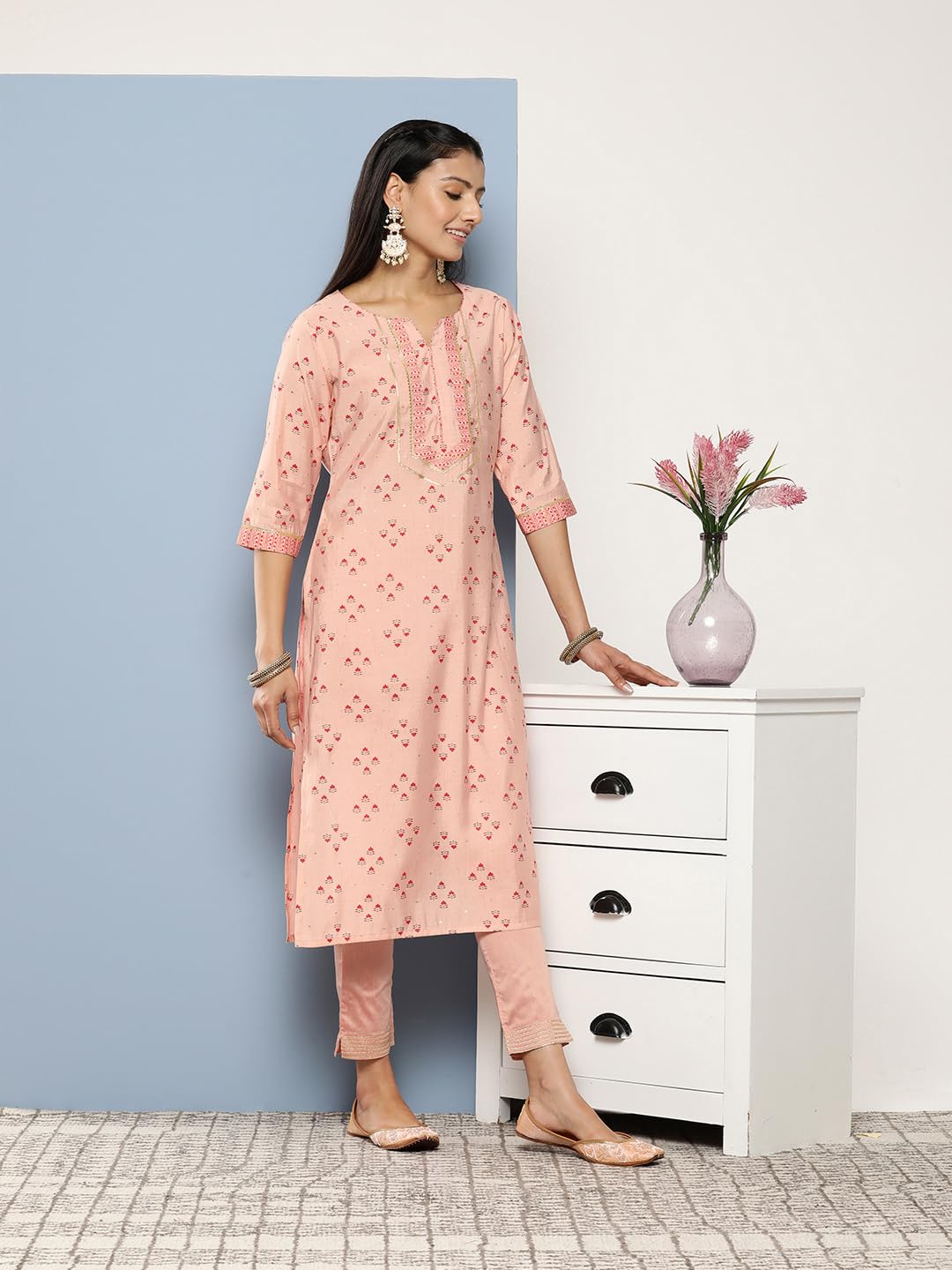 Libas WomenS Silk Printed Straight Kurta (26248_Peach