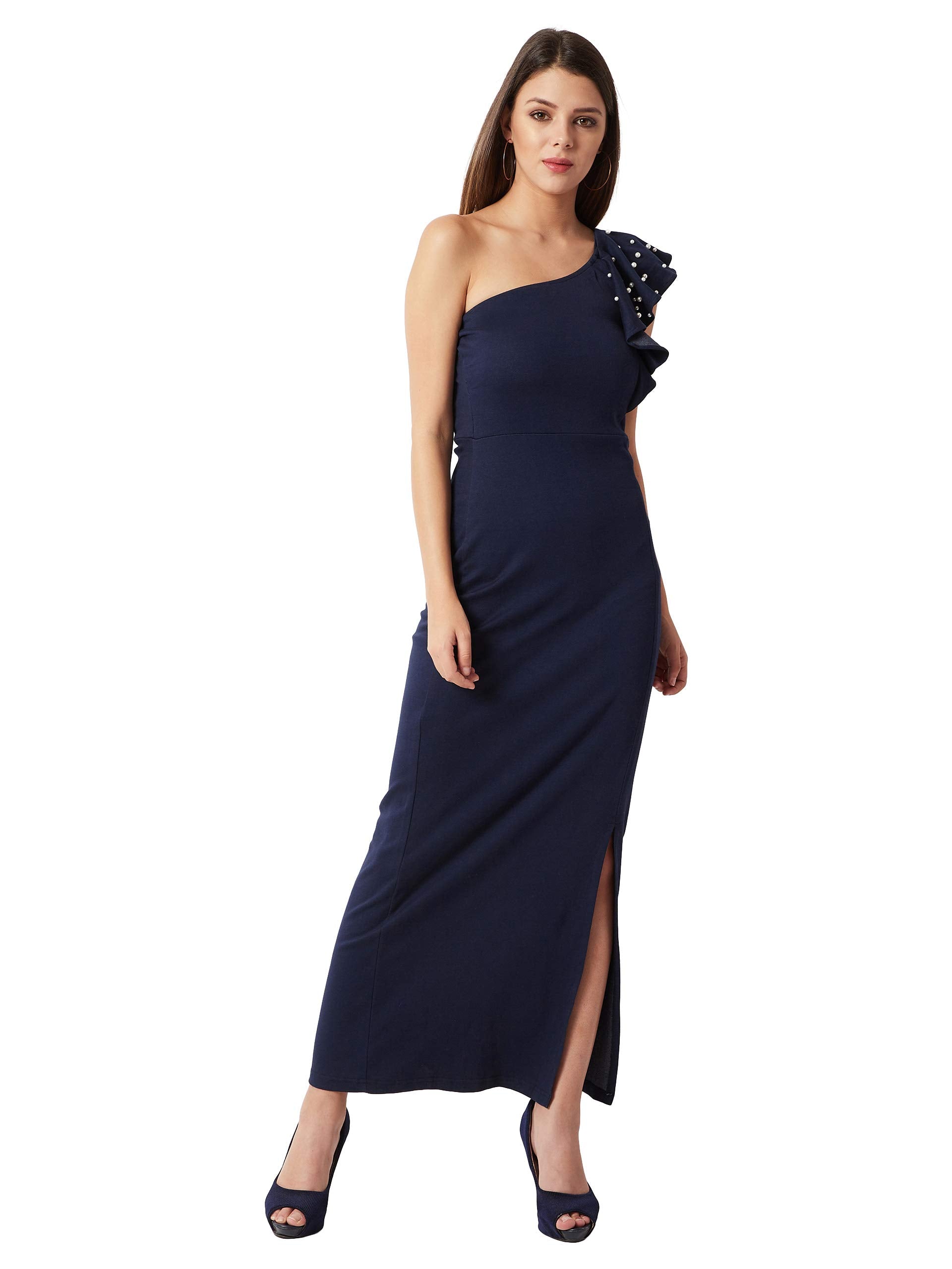 Miss Chase WomenS Polyester One-Shoulder Dress(Mcaw18D10-84-71-06,Navy Blue,X-Large)