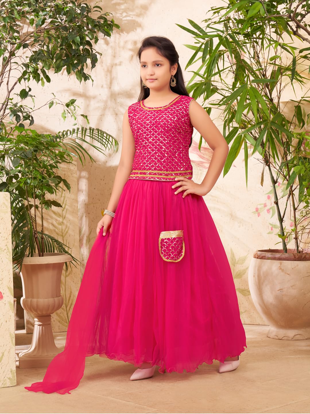 Aarika Girls Ethnic Wear Rani Colour Sequin Embroidery Georgette Lehenga Choli Set Attached Bag (4-15 Years)