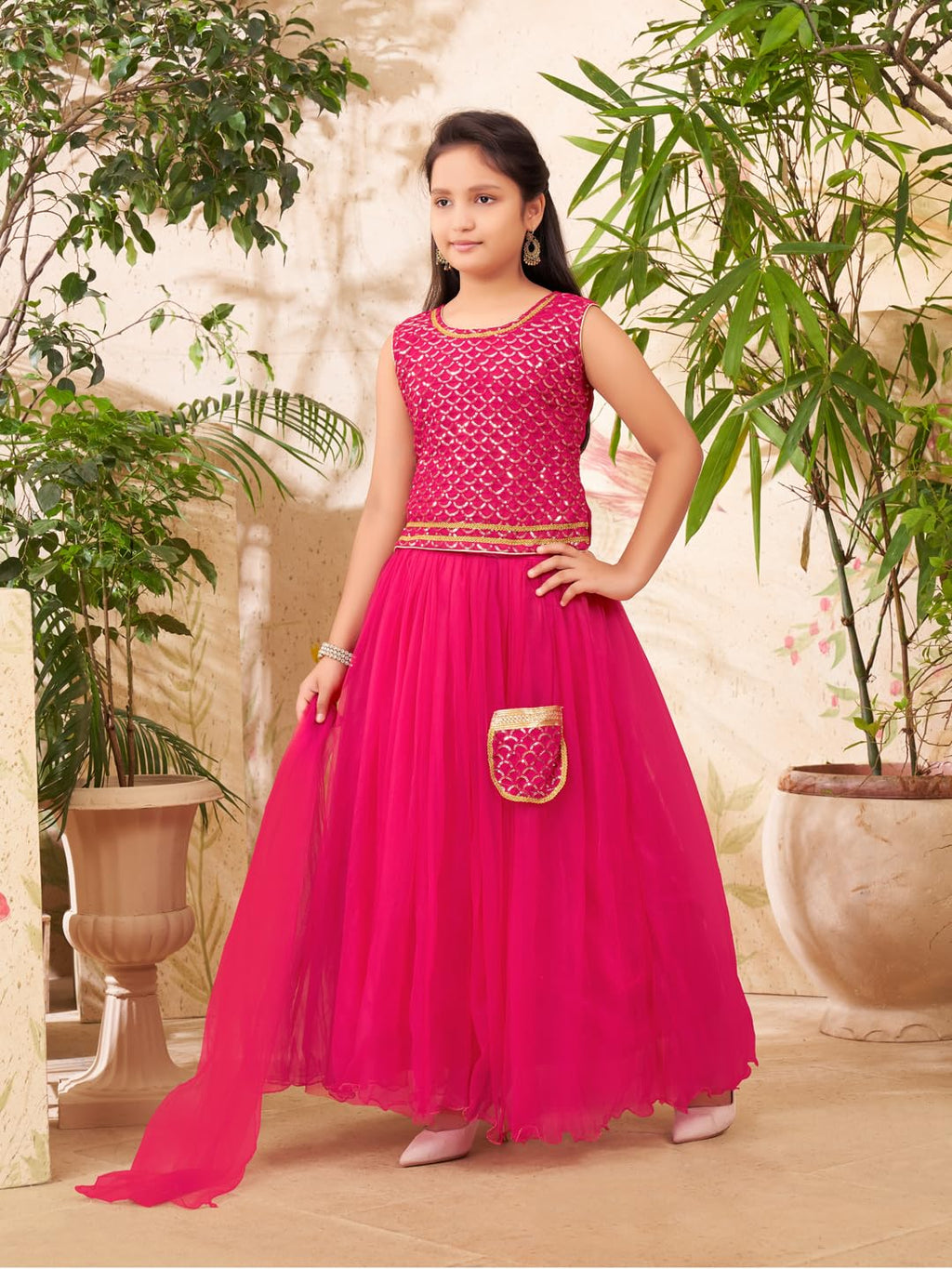 Aarika Girls Ethnic Wear Rani Colour Sequin Embroidery Georgette Lehenga Choli Set Attached Bag (4-10 Years)