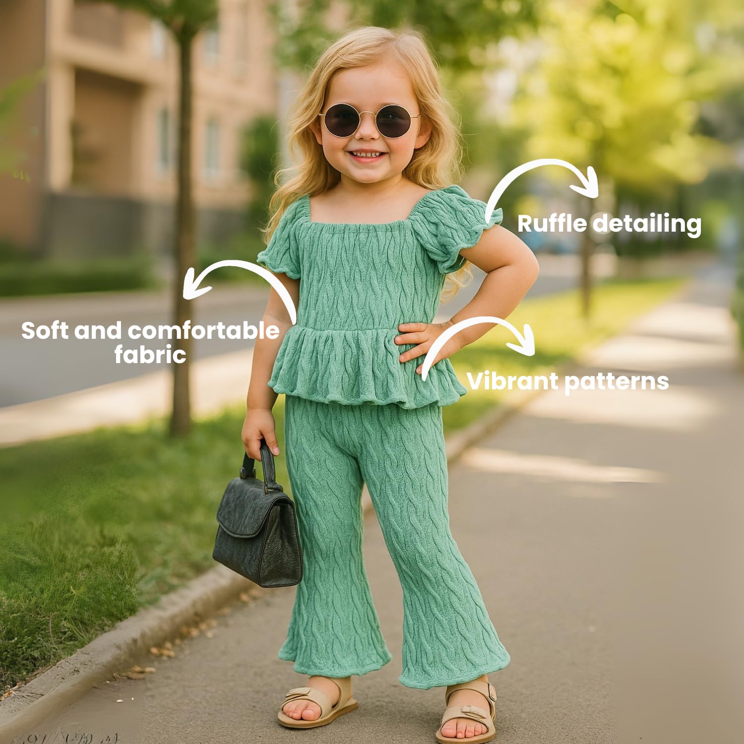 A.T.U.N. (ALL THINGS UBER NICE) Girls Green Textured Knit Peplum Top and Bell Bottom Pants Set | Square Neck Casual Wear for Kid