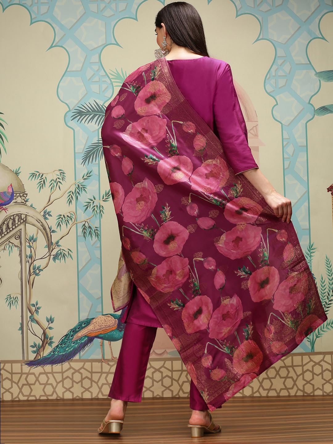 Ishin Notch Neck Silk Crepe Straight A-Line Kurta With Trousers & Dupatta | Kurta Set For Women | Kurta With Trousers And Dupatt