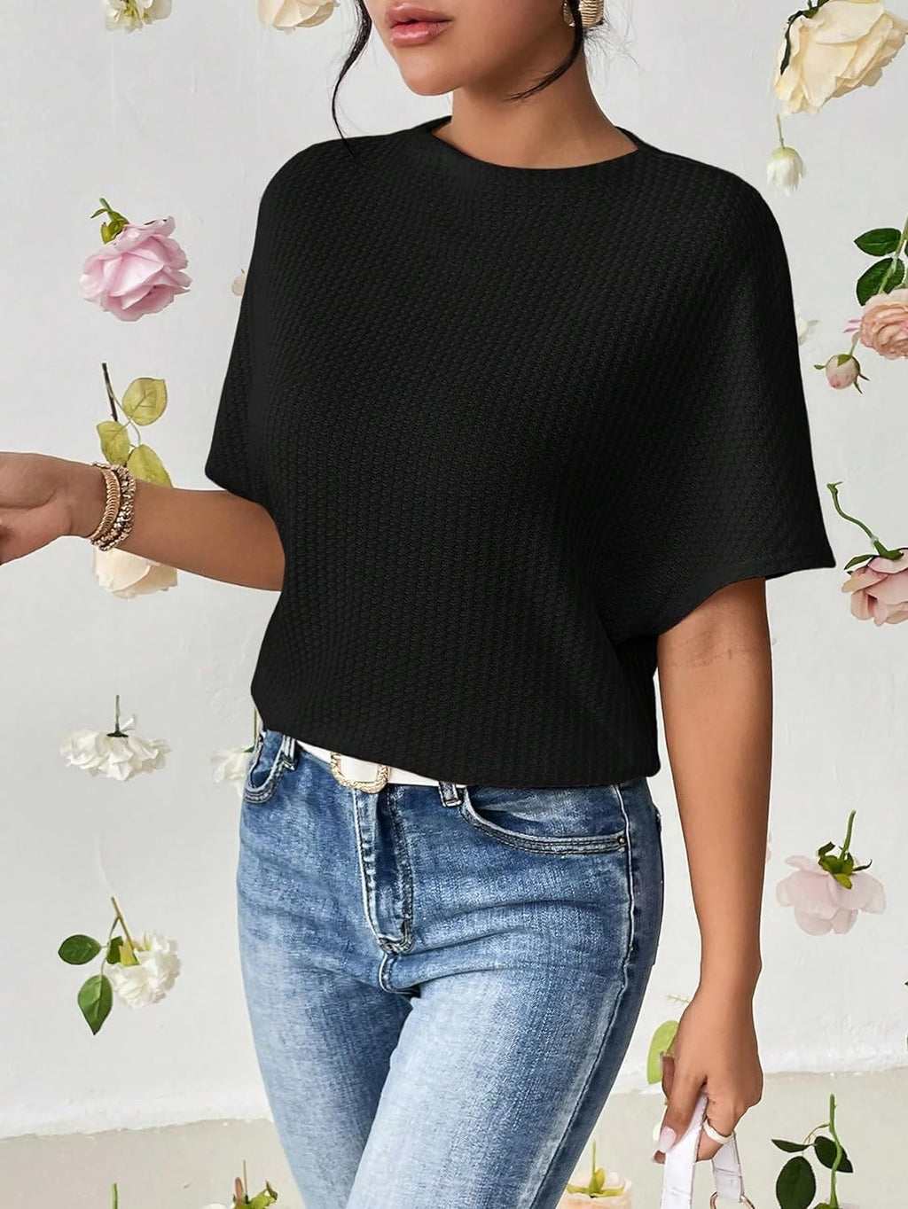 Trillmixa WomanS Waffle T Shirt With Round Neck Half Sleeves Solid Pattern Cutaway Collar Regular Fit And Standard Length Black