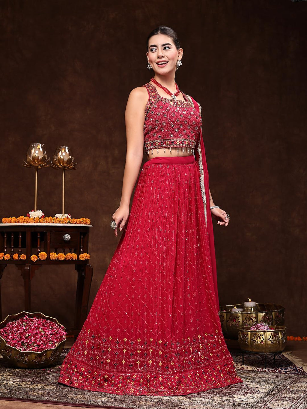 Stylum WomenS Embroidered Georgette Lehenga & Blouse With Dupatta