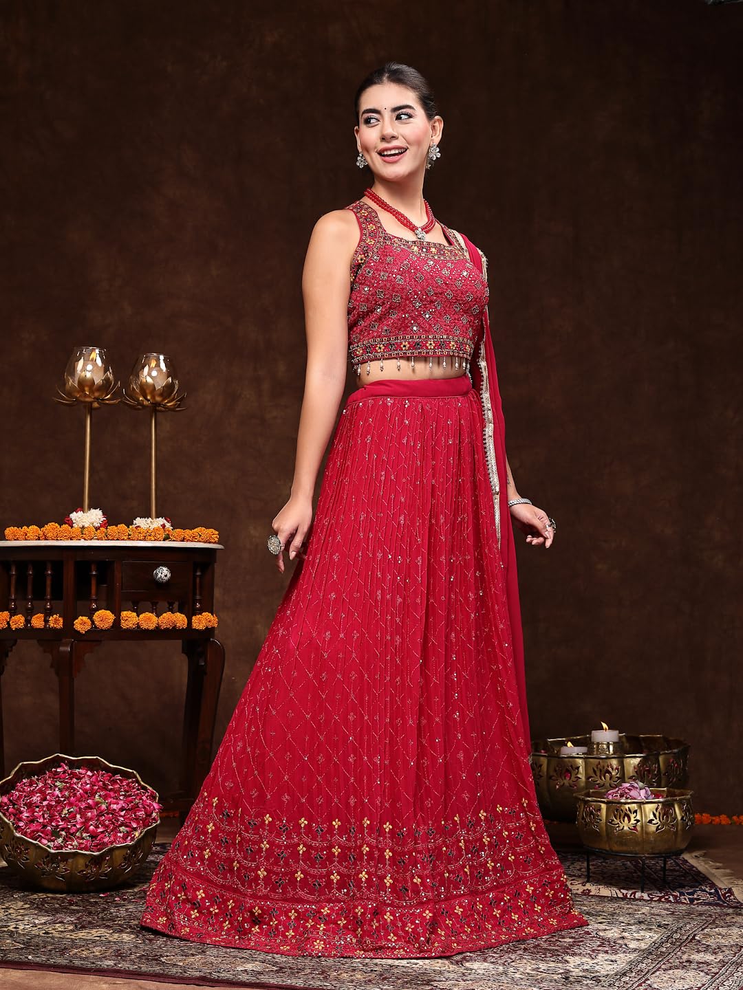 Stylum WomenS Embroidered Georgette Lehenga & Blouse With Dupatta