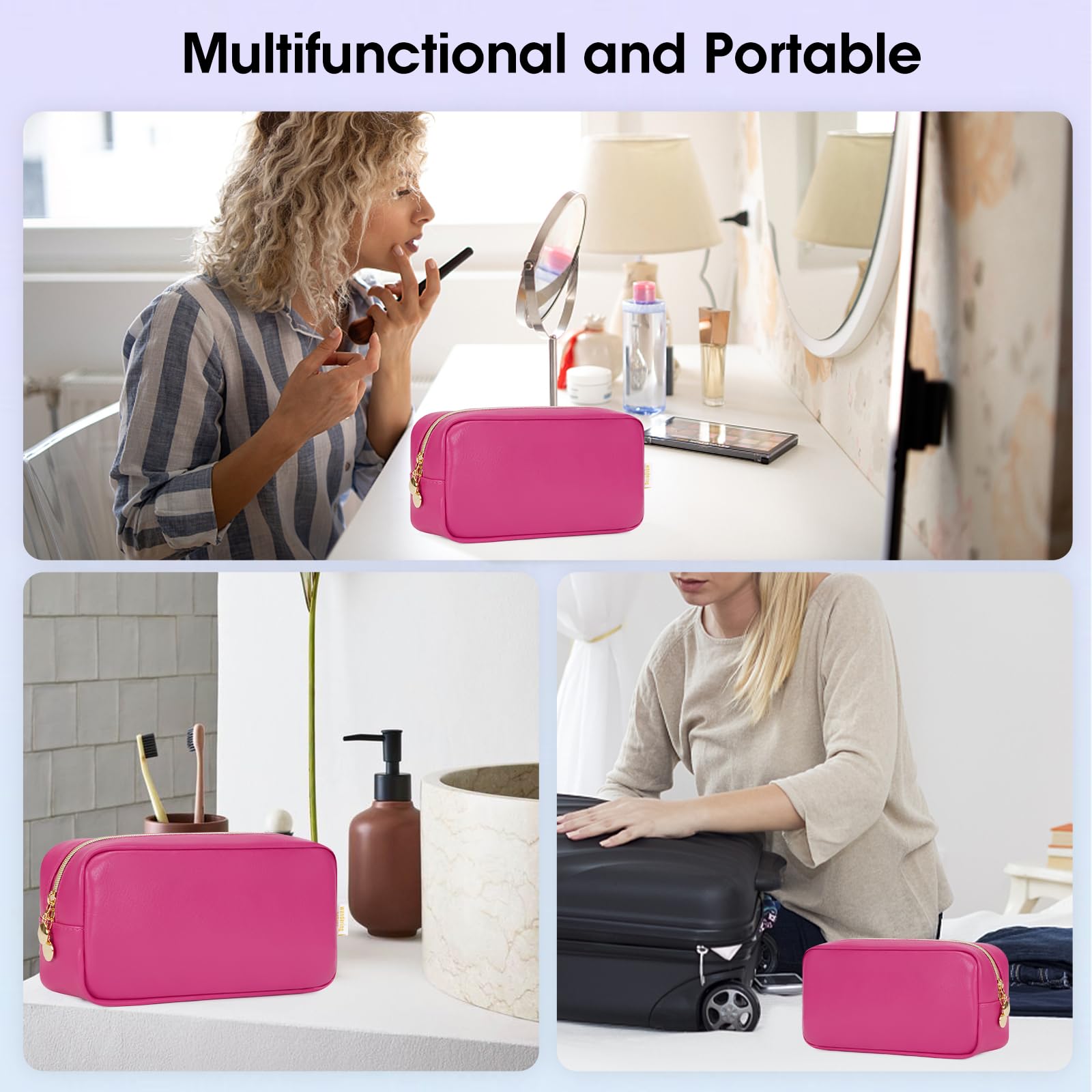 Wandering Nature Makeup Bag for Purse Cosmetic Bags for Women Make Up Organizer Travel Pouch with Slip-in Pockets Eco Vegan Leat