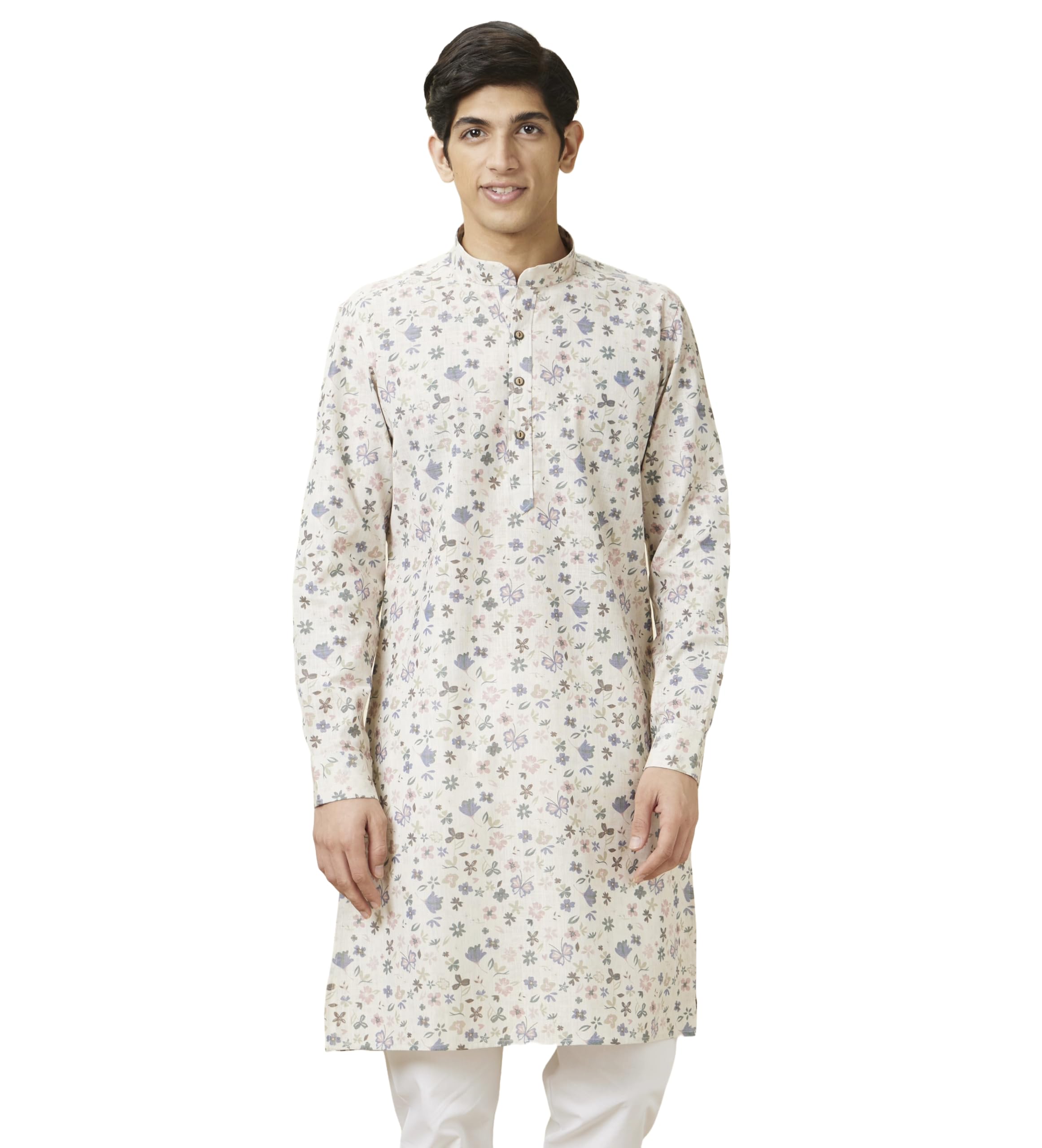 Manyavar Mens Linen Blend Printed Kurta (XXL) Natural