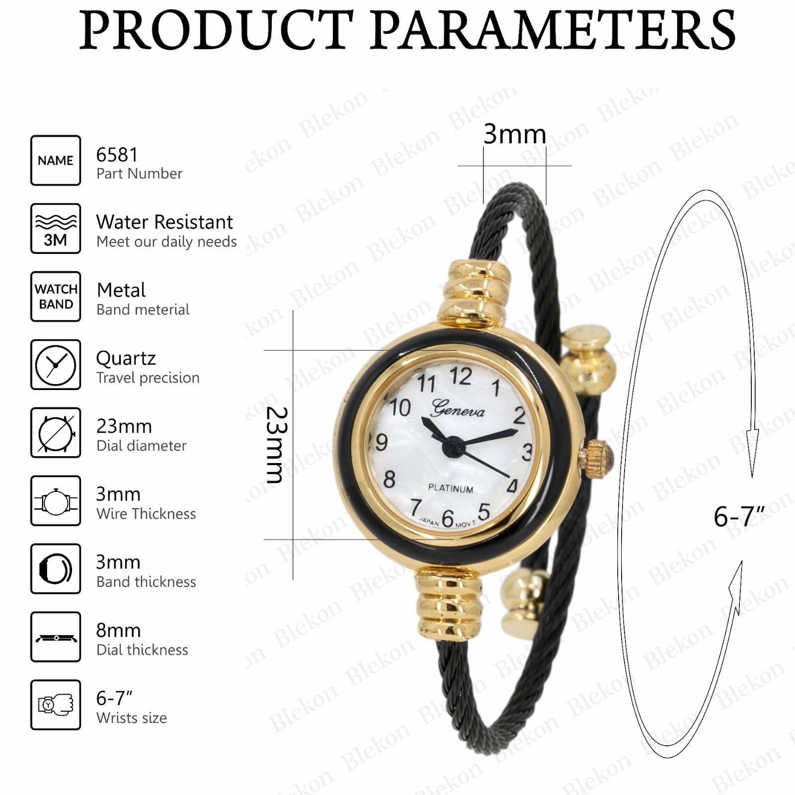 Black Gold Geneva Cable Band Women's Small Size Bangle Watch