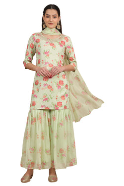 Aurelia Womens Pink Zari Embroidered Tissue Flared Kurta and Pants and Dupatta Set (Size: M)-AS15662-509032