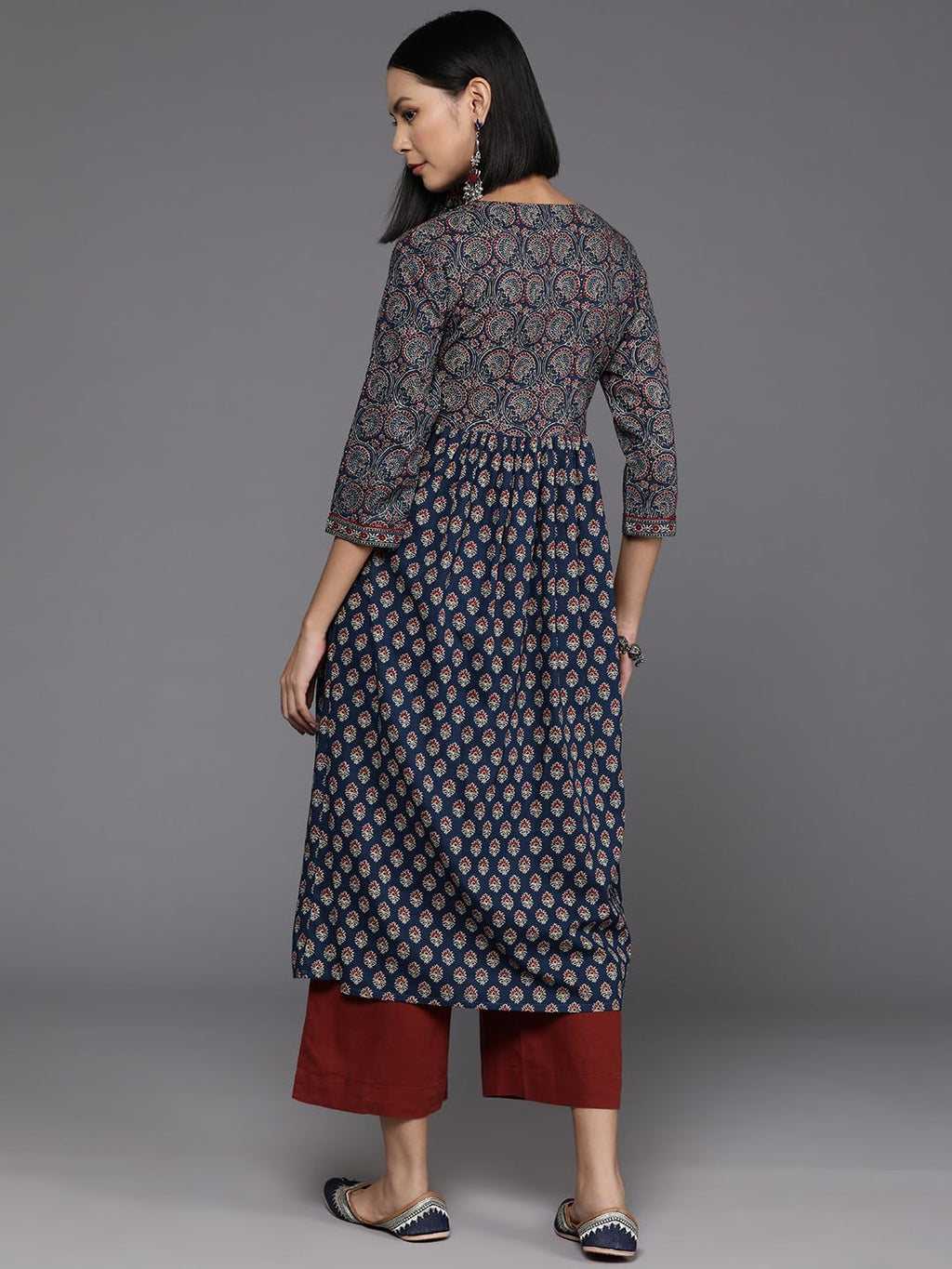 Varanga WomenS Blue & Maroon Bandez Printed Anarkali Kurta  Elegant Long Sleeve Traditional Dress, Indian Ethnic Wear For Women,