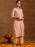 Libas WomenS Silk Blend Kurta Sets (Gs923_Peach