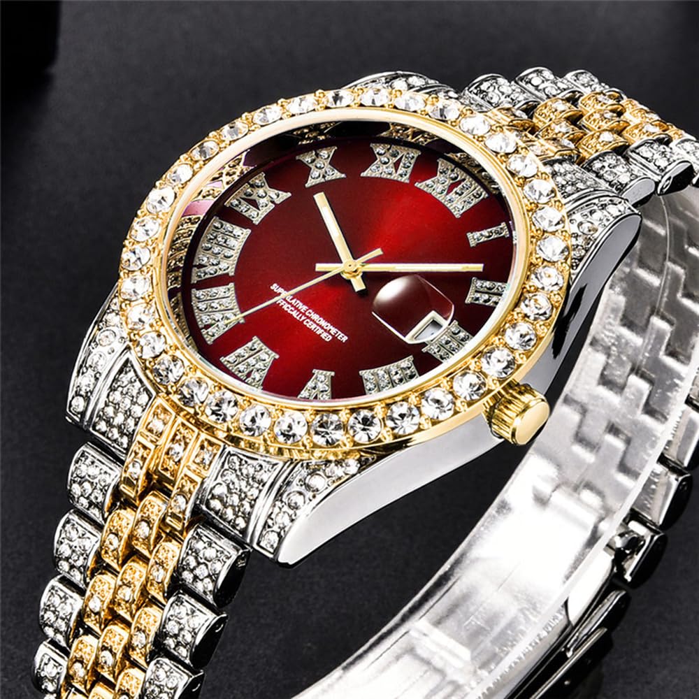 HUNRUY Hip Hop Watches for Men Iced-Out Bling Diamond Luxury Quartz Watches with Date (40mm Red)
