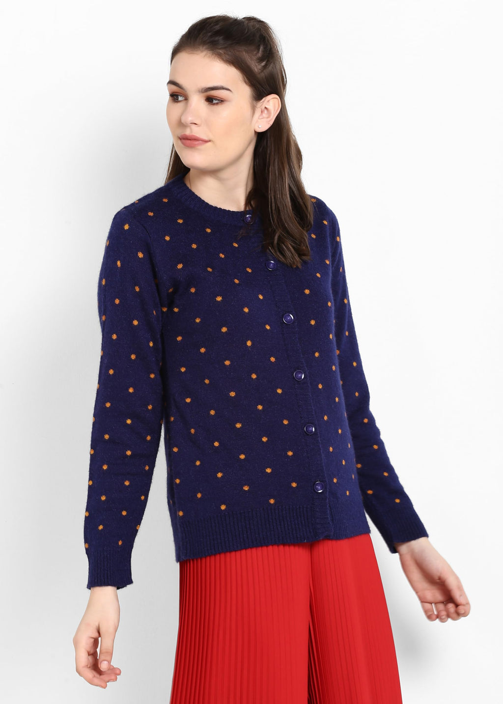 Modeve Polka Dot Round Neck Casual Women Navy Sweater||Winterwear||