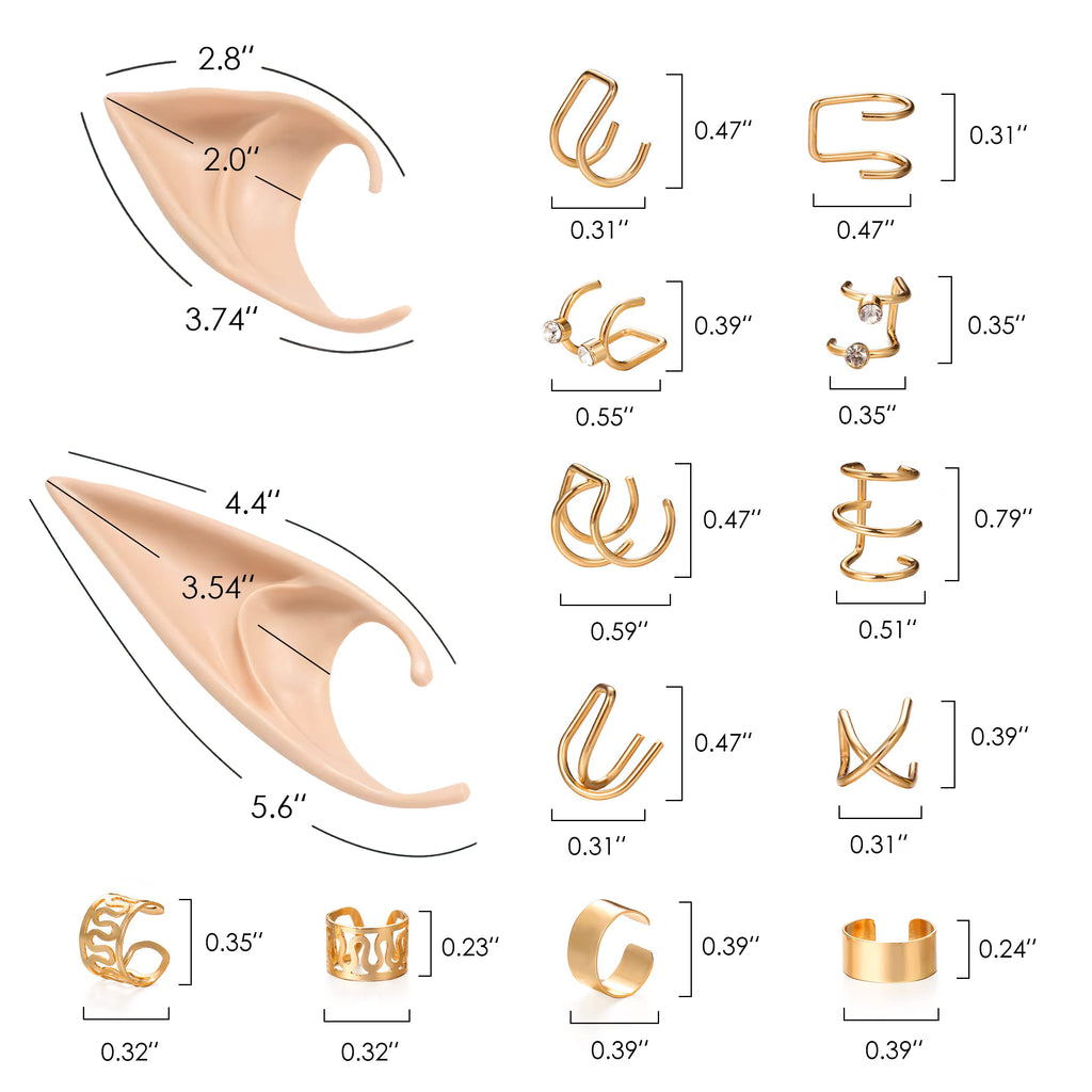 FRESHME Elf Ears with Elf Earrings Set - 2 Pairs Elf Ears and Gold Chain Earrings Ear Cuffs Set for Women Fairy Ear Cosplay Acce