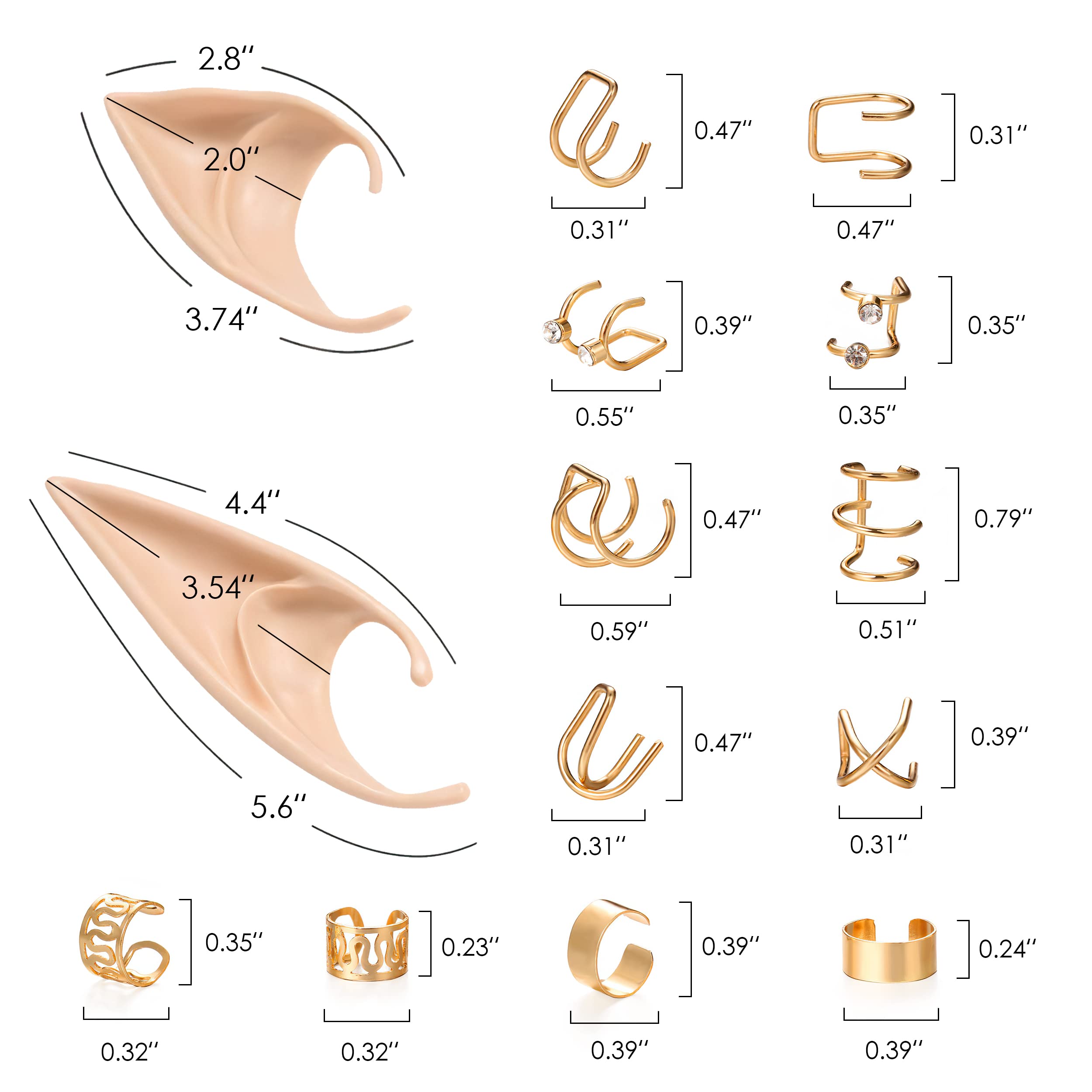 FRESHME Elf Ears with Elf Earrings Set - 2 Pairs Elf Ears and Gold Chain Earrings Ear Cuffs Set for Women Fairy Ear Cosplay Acce