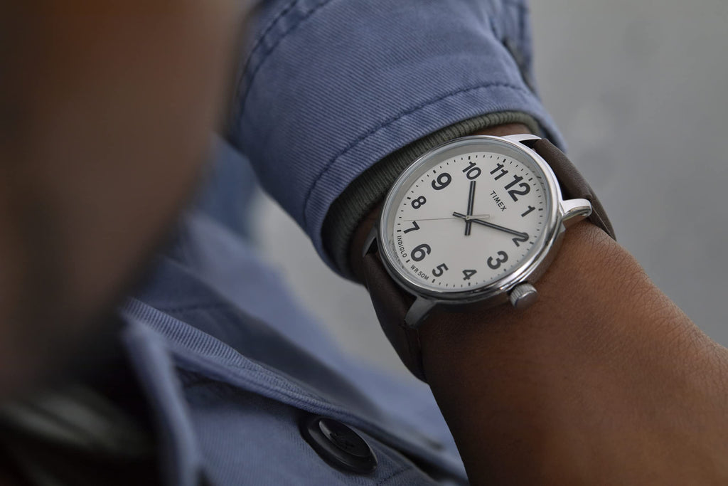 Timex Men's Easy Reader Bold 43mm Watch - Silver-Tone Case Cream Dial with Brown Leather Strap