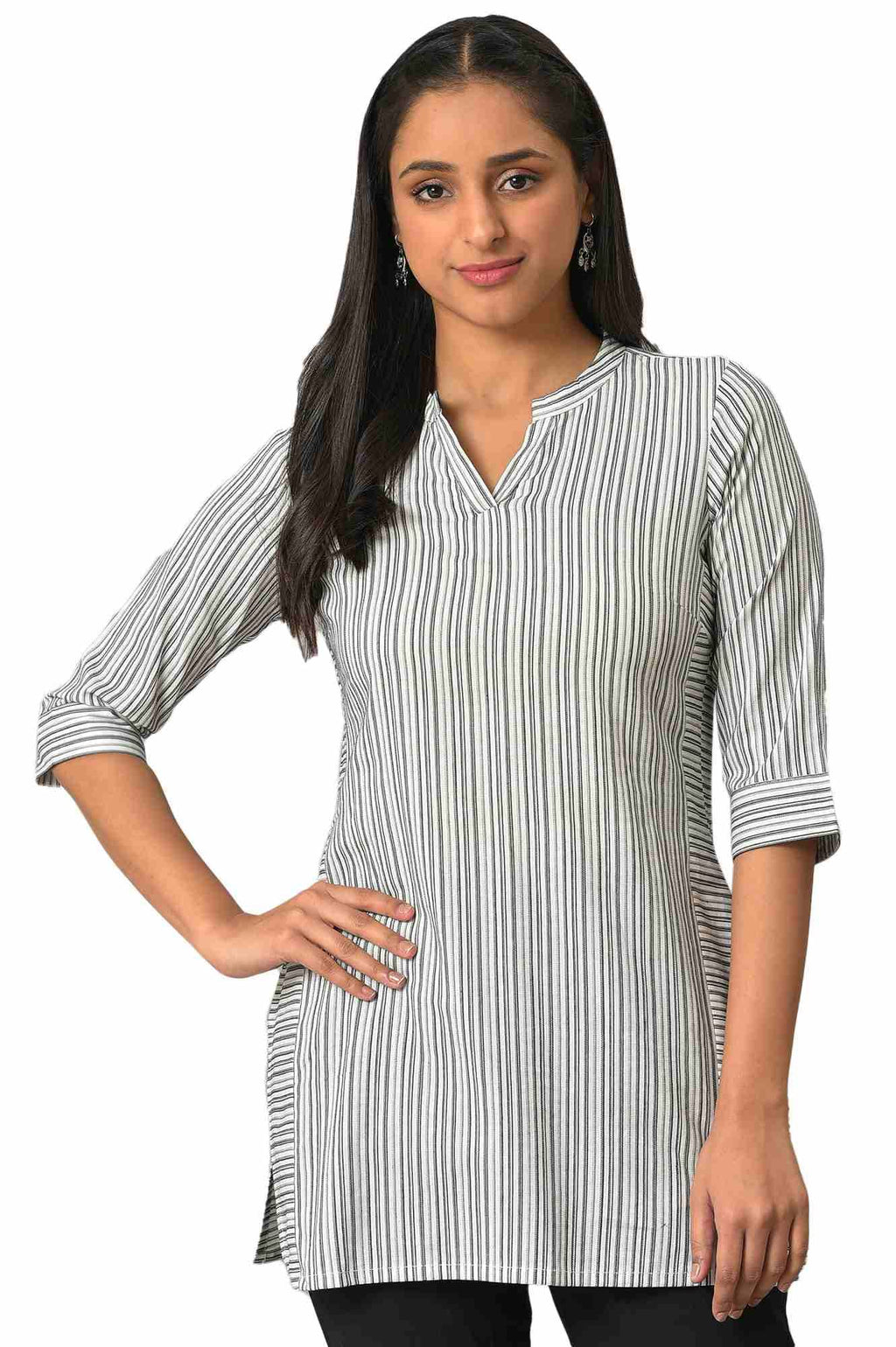 White Striped Collar Band With V-Slit Kurti