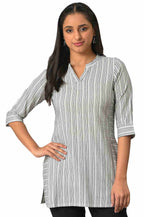 White Striped Collar Band With V-Slit Kurti