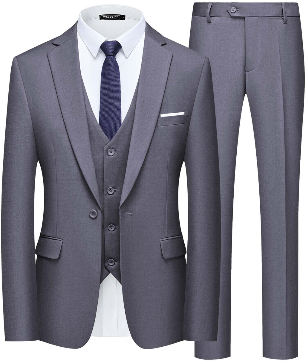 WULFUL Mens Slim Fit Suit One Button 3-Piece Blazer Dress Business Wedding Party Jacket Vest & Pant Dark Grey