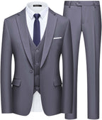 WULFUL Mens Slim Fit Suit One Button 3-Piece Blazer Dress Business Wedding Party Jacket Vest & Pant Dark Grey