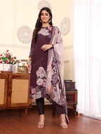 Varanga Women Pure Purple Floral Printed Kurta Set And Dupatta