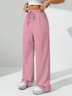 Sugathari Womens Baby Pink Loose Wide-Leg Pants with Textured Wrinkled Fabric and Drawstring Waist Long Trousers (Trouser 157 B