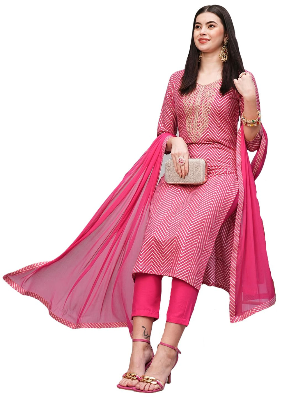 ANNI DESIGNER Womens Cotton Blend Straight Printed Kurta with Pant & Dupatta (DMPL RANI_M_Pink_Medium)