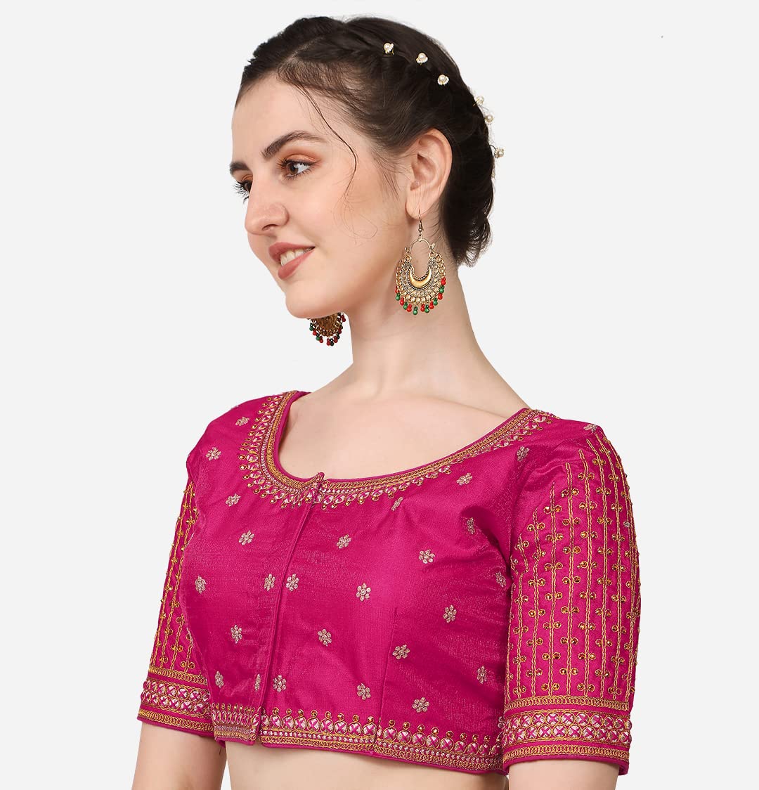 Pujia Mills WomenS Cobra Silk Embroidery Coding Stone Work Half Sleeve Saree Blouse