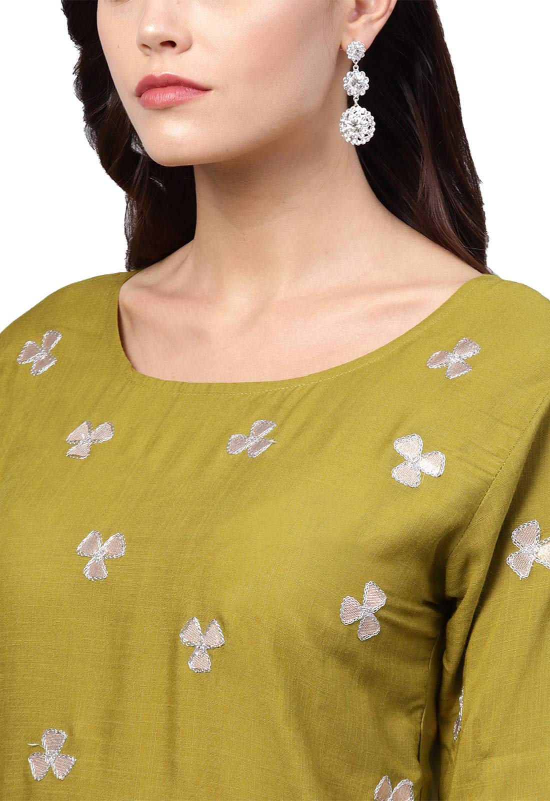 Ishin Women'S Viscose Rayon Self Design Gotta Patti Green Ethnic Motifs Print A-Line Kurta Suit Set With Dupatta & Sharara