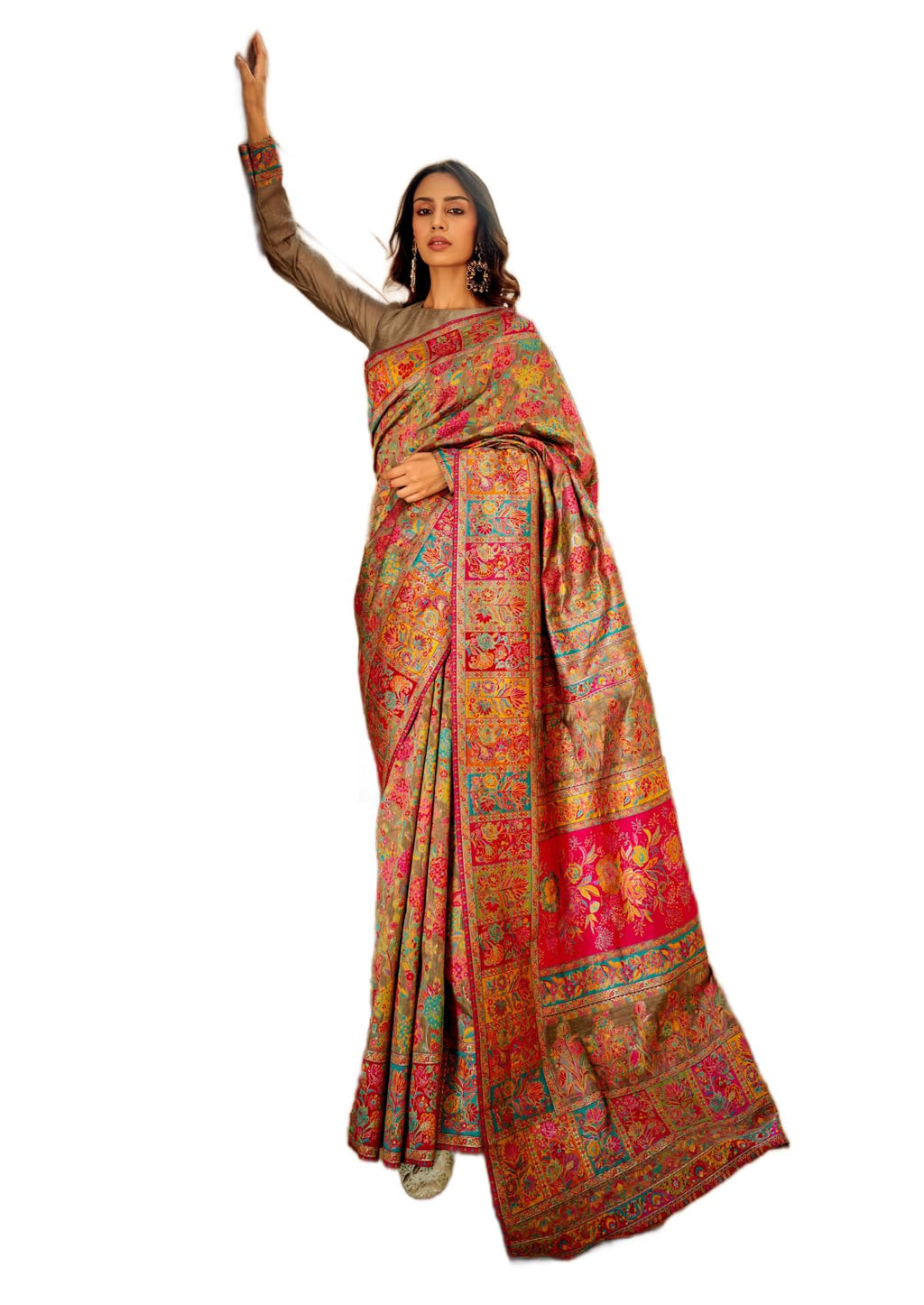 MADHUHANSH Womens Kasamiri Cotton Patola Letest Designer Saree with Unstitched Blouse With Boluse Piece (GREY)