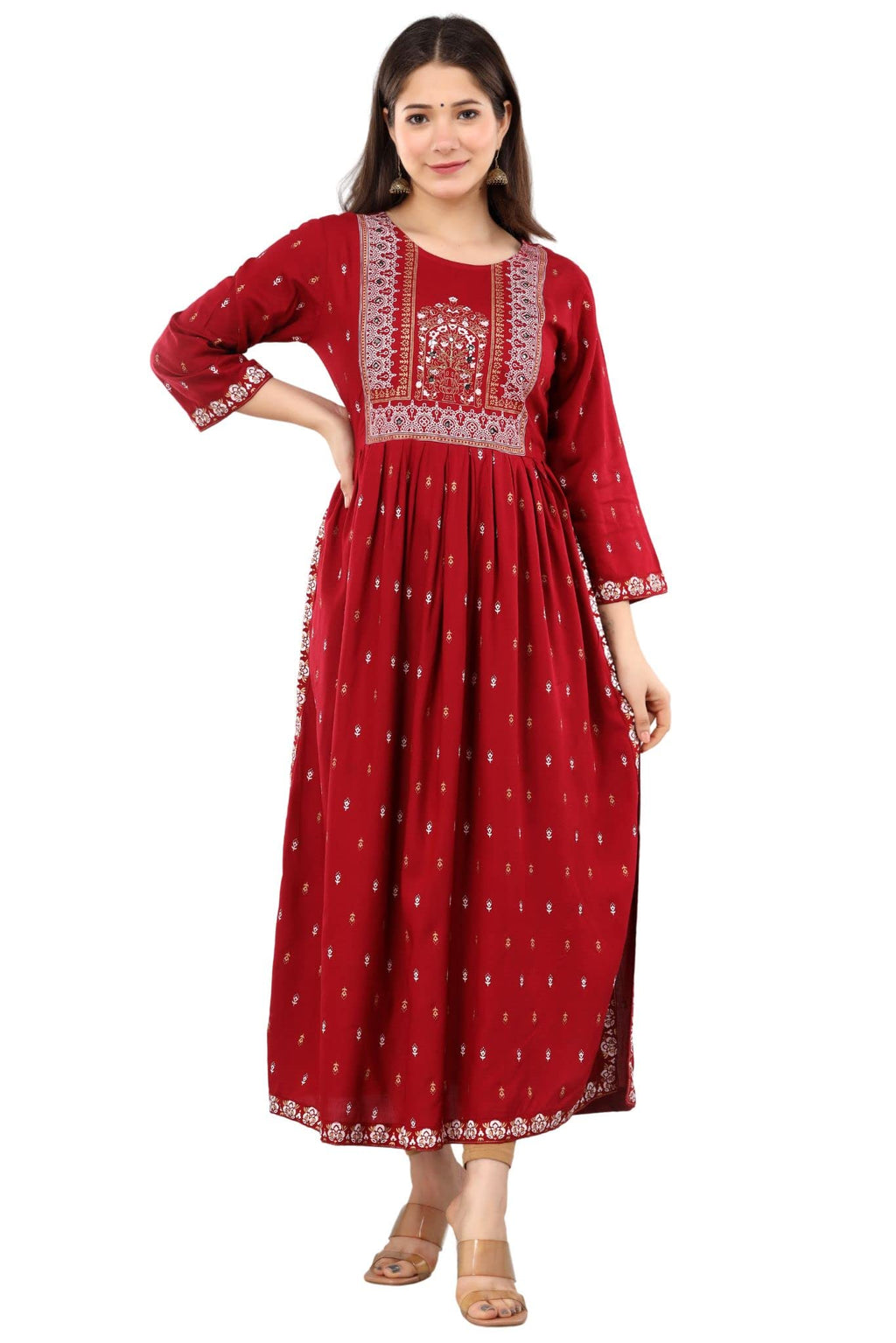 rytras Womens Rayon Printed Flared Kurti(Maroon,S)