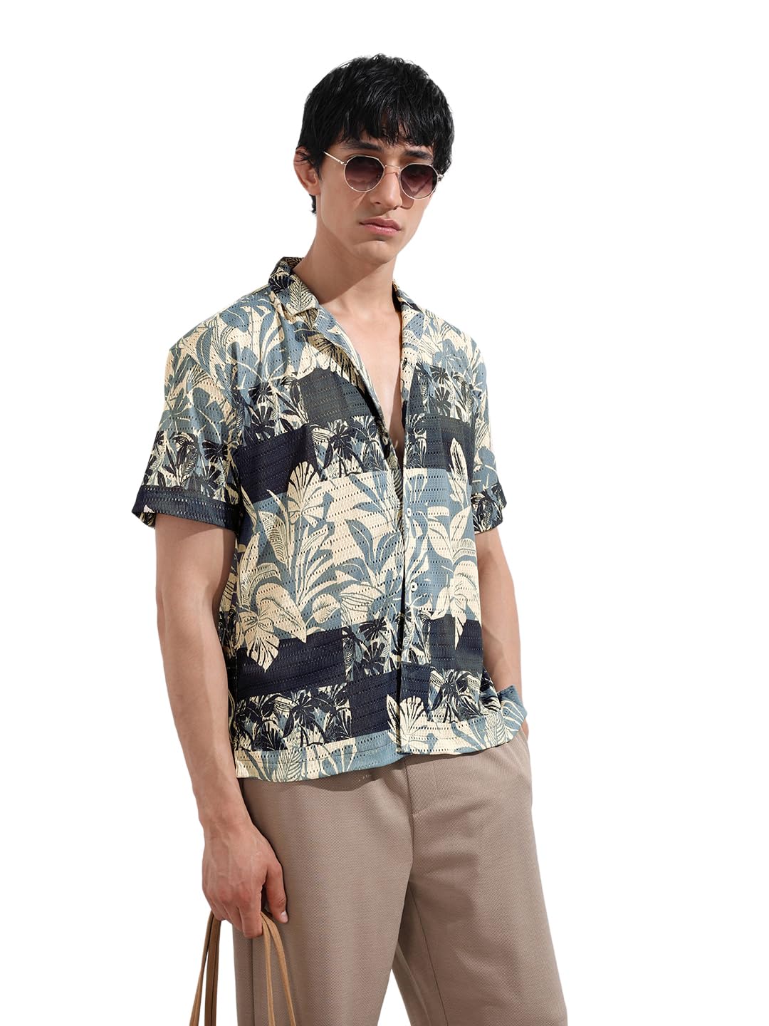 The Indian Garage Co Mens Relaxed Fit Printed Cuban Collar Half Sleeves Resort Sweater