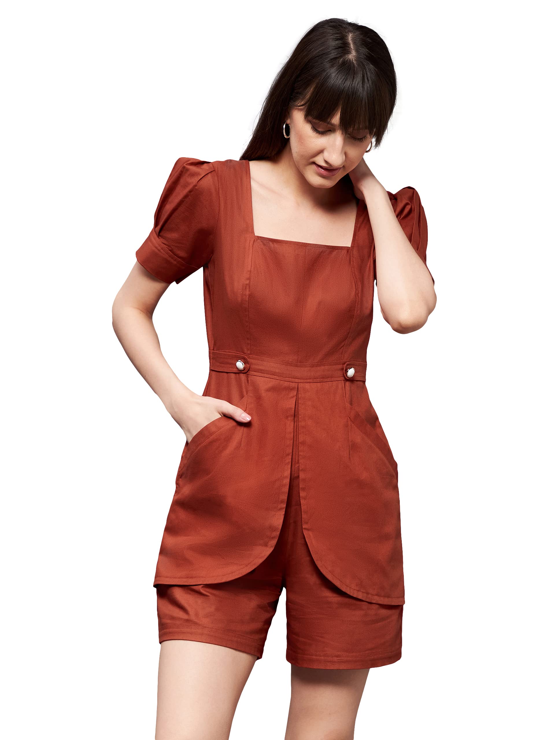 Miss Chase WomenS Rust Square Neck Pleated Cotton Solid Playsuit (Mcss22D15-44-606-06, Rust, Xl)
