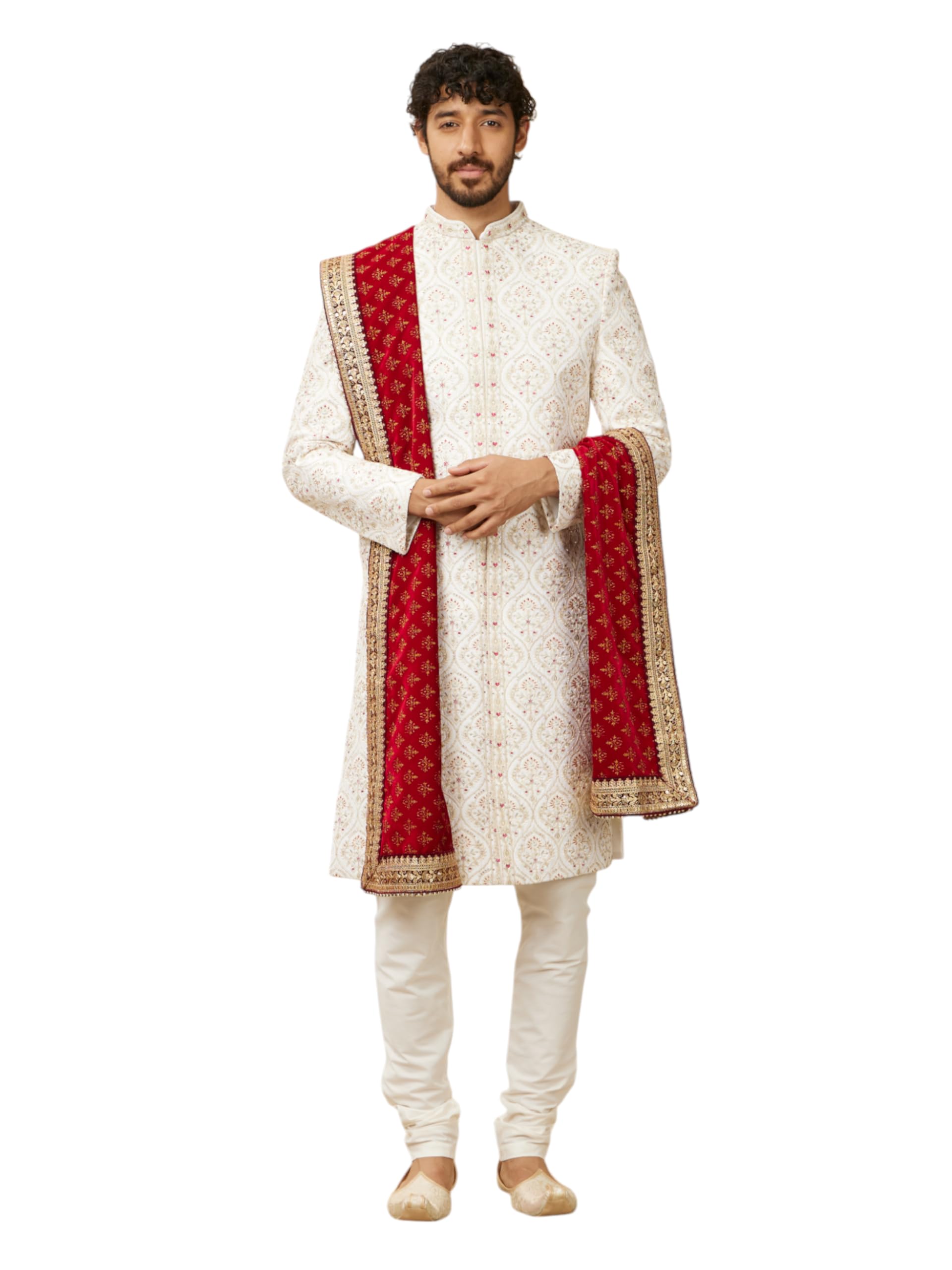 Manyavar MenS Velvet Foil Print Dupatta (Red,2.75 M)