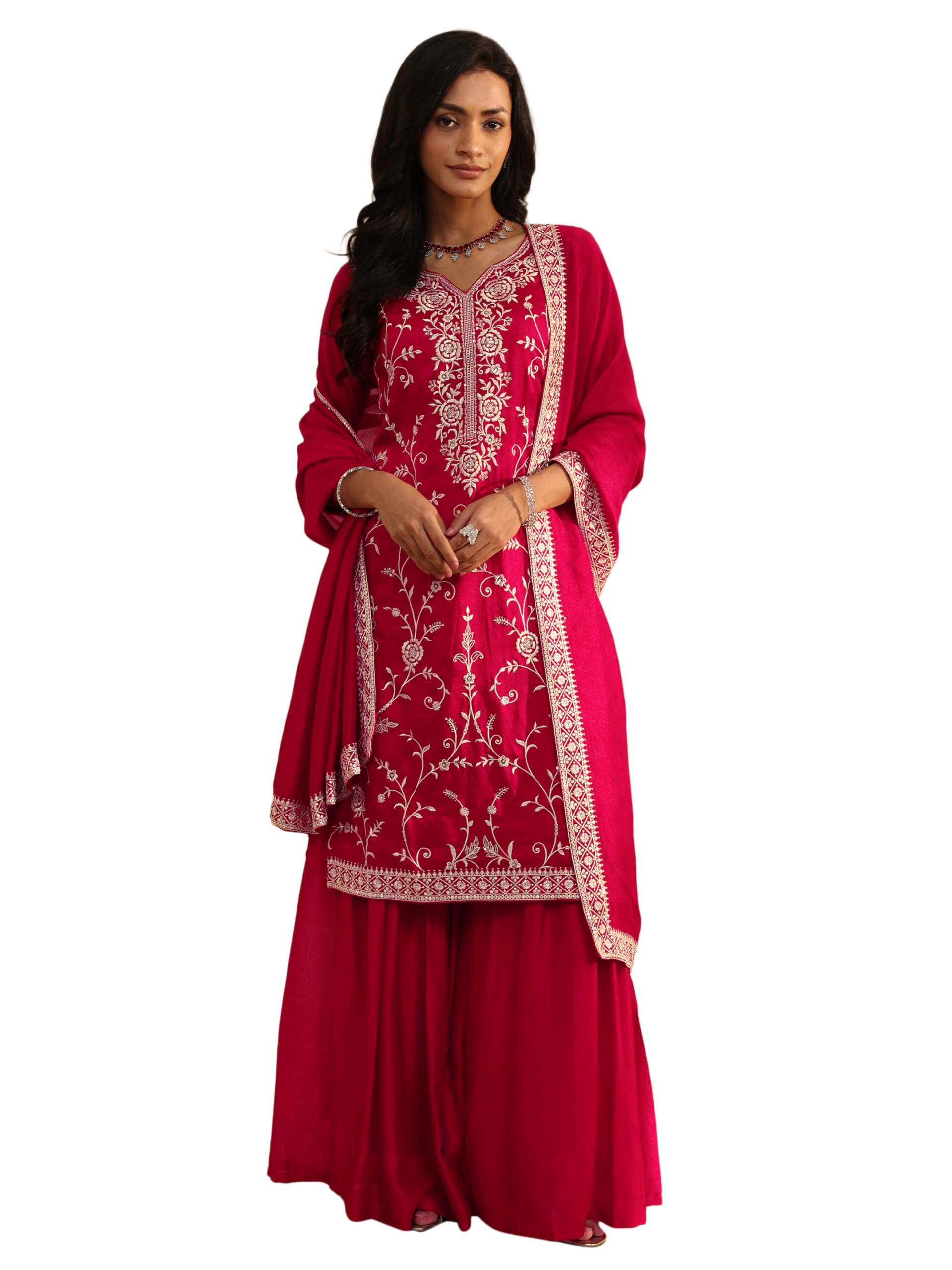 Libas Embroidered Silk Blend Straight Kurta With Sharara and Dupatta-93460XXL