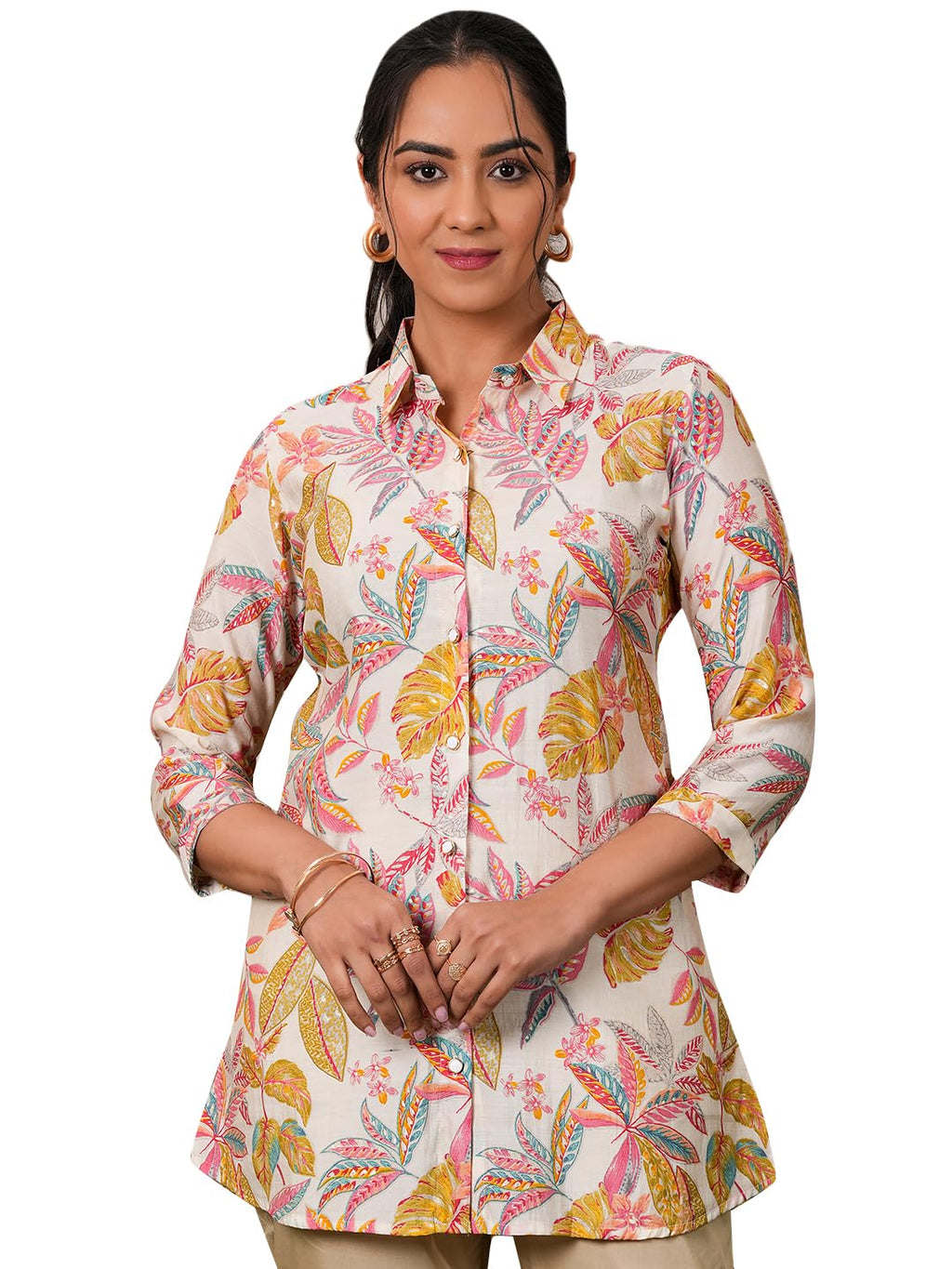 Libas Womens Printed Silk Blend A-Line Kurti For Women Cream