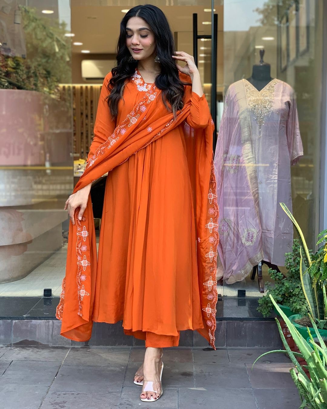GoSriKi Anarkali Women s Rayon Blend Work Kurta with Trousers and Dupatta