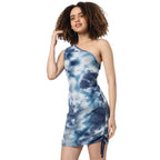 Campus Sutra Women Blue Tie-Dye Slim Fit Mini Dress For Winter Wear | One Shoulder Sleeve | Slanted Neck | Casual Dress For Woma