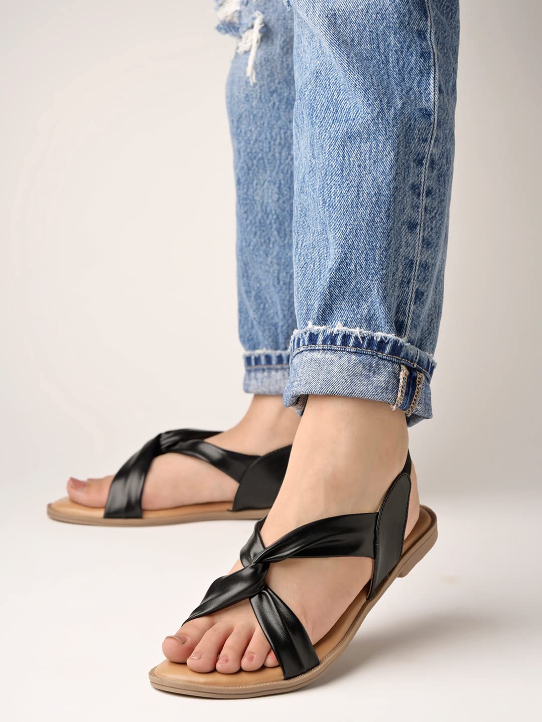 Shoetopia Cross Strap Black Flat Sandals For Women & Girls