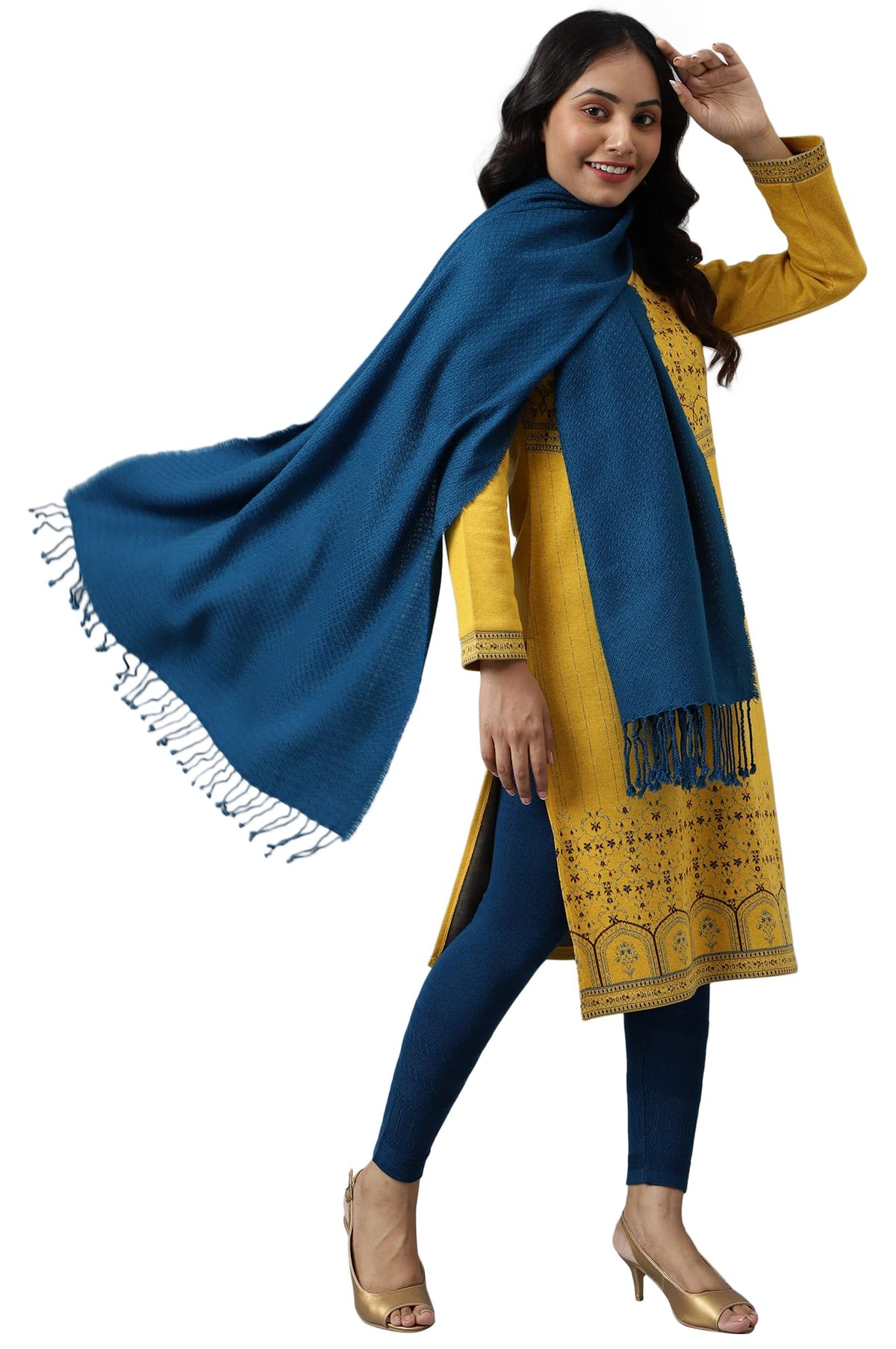 Blue Acrylic Yarn-Dyed WomenS Shawl
