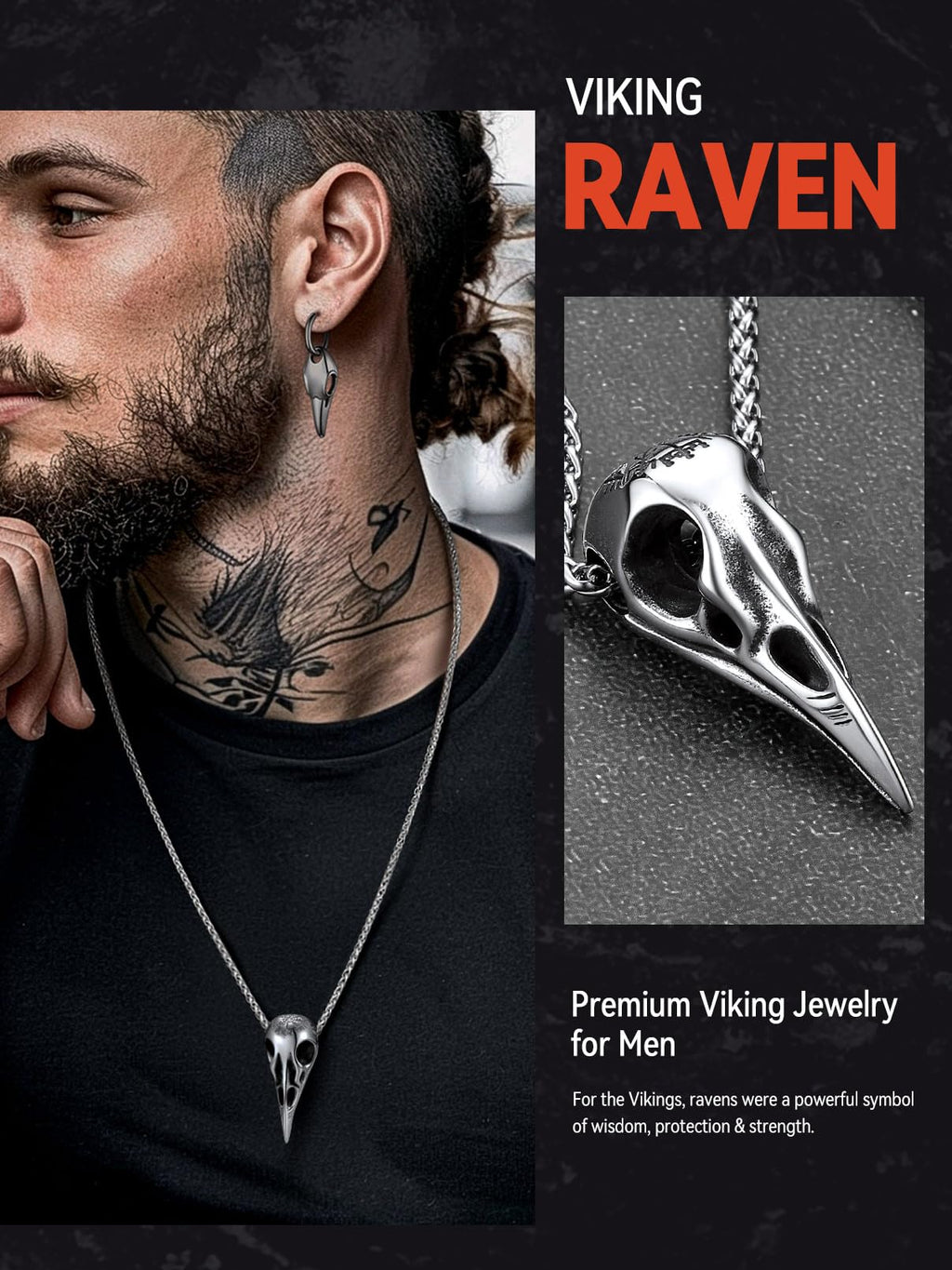 FaithHeart Viking Raven Skull Necklace for Men Stainless Steel Punk Crow Head Pendant Gothic Jewelry Halloween Accessories