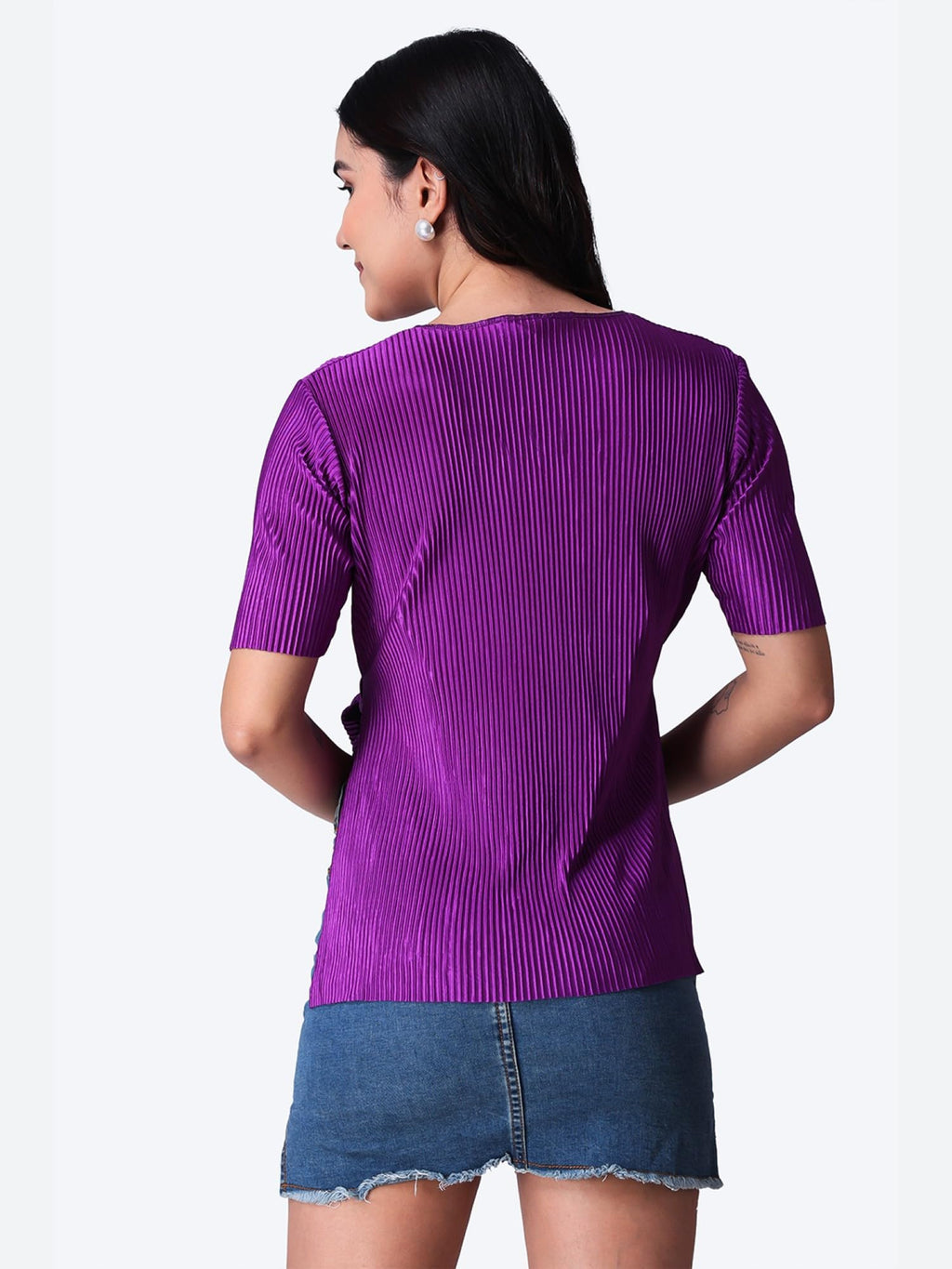 POPWINGS Casual Wrinkle Belt Top for Women || Round-Neck Stylish Summer Tops for Women || Half Sleeves Tops for Women Purple
