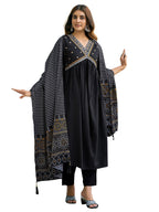 Sanisa Womens Cotton Blend Sequence Embroidery Gota Lace Alia Cut Kurta with Pant and Dupatta Set| Ethnic Set | Suit Set | Kurt