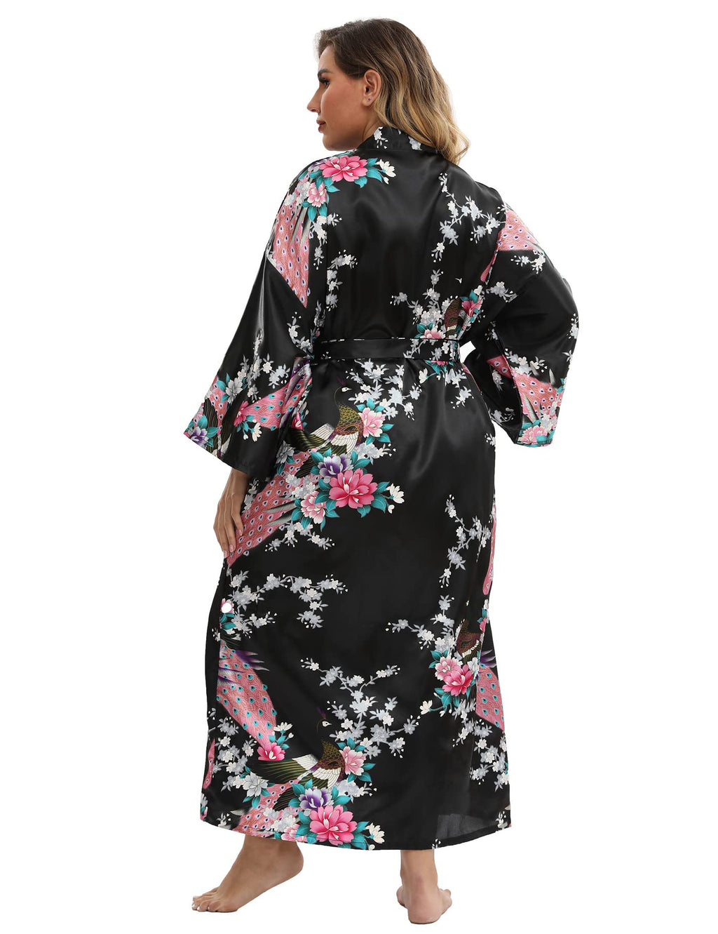 feslieacc Women's Long Robes Plus Size Long Satin Robes Black Floral Long Silk Robes Dressing Gown, Black, 2XL/3XL