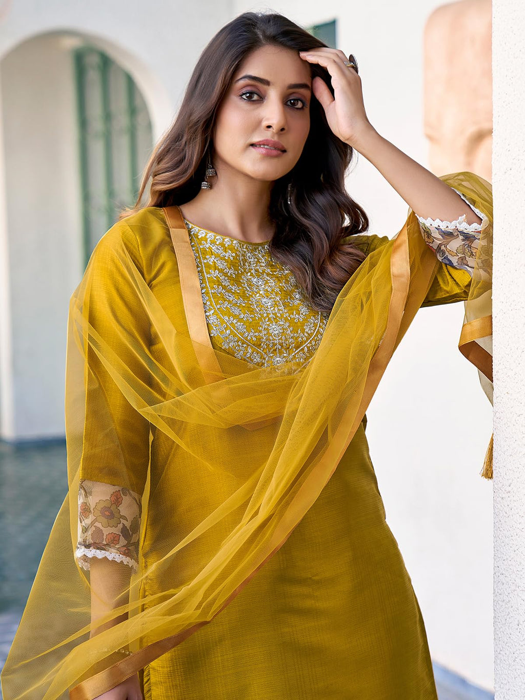 Sanisa Womens Art Silk Sequence Embroidery Work Straight Kurta with Pant and Dupatta